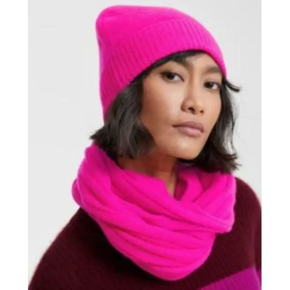 Charter Club Pink Ribbed Cashmere Scarf and Embellished Pink Beanie One Size